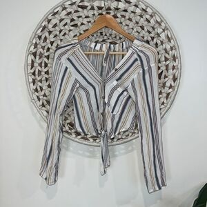 Free People striped button and tie front cropped blouse size xsmall